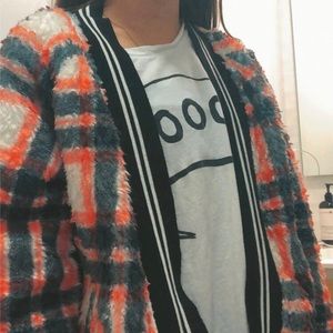 Nordstrom red, white, and black fuzzy jacket